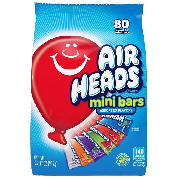 Airheads 80 Mini Bars, Chewy Fun Taffy Candy, Assorted Fruit Flavors, Back to School for Kids, Non Melting, Party 32.17oz (80 Count)
