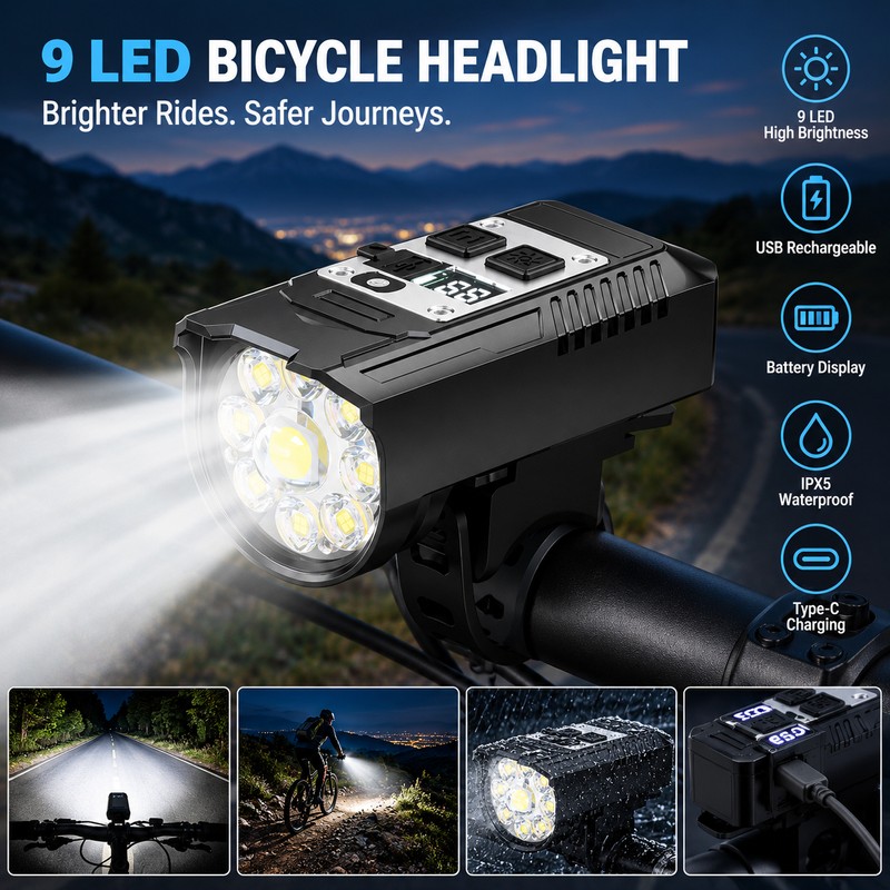 9 LED Bicycle Headlight & Rear Taillight Set – USB