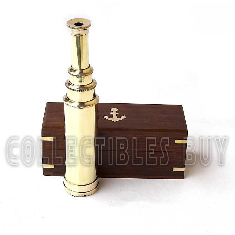 14" Handheld Nautical Three Fold Brass Telescope Maritime Wooden Box