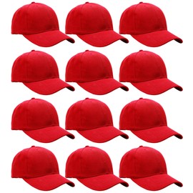 Wholesale Bulk Lot 12-Pack Baseball Cap Adjustable Size Plain Blank Solid Color (12-Pack Red)