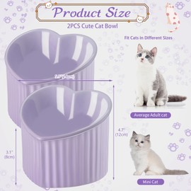 Mumufy 2 Pcs Ceramic Elevated Cat Bowls Tilted Elevated Raised Pet Bowls Anti Vomit Cat Dish for Indoor Stress Free Water Dish Feeder for Puppies, Heart Shaped (Purple)