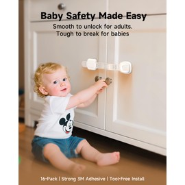 Infinno 16 Pack Cabinet Locks Baby Proofing, Baby Proof Safety Locks for Childproofing Drawers and Cupboards, Adhesive Latches for Toddler Proofing, No Drill, Easy Install, Secure Closure, White