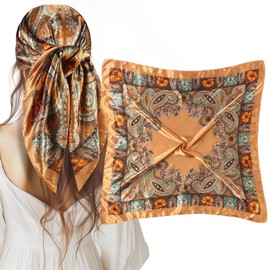 VBAEI 35” Large Square Satin Head Scarf - 1Pcs Satin Hair Scarf Silk Bandana Head Wraps For Women (Camel)