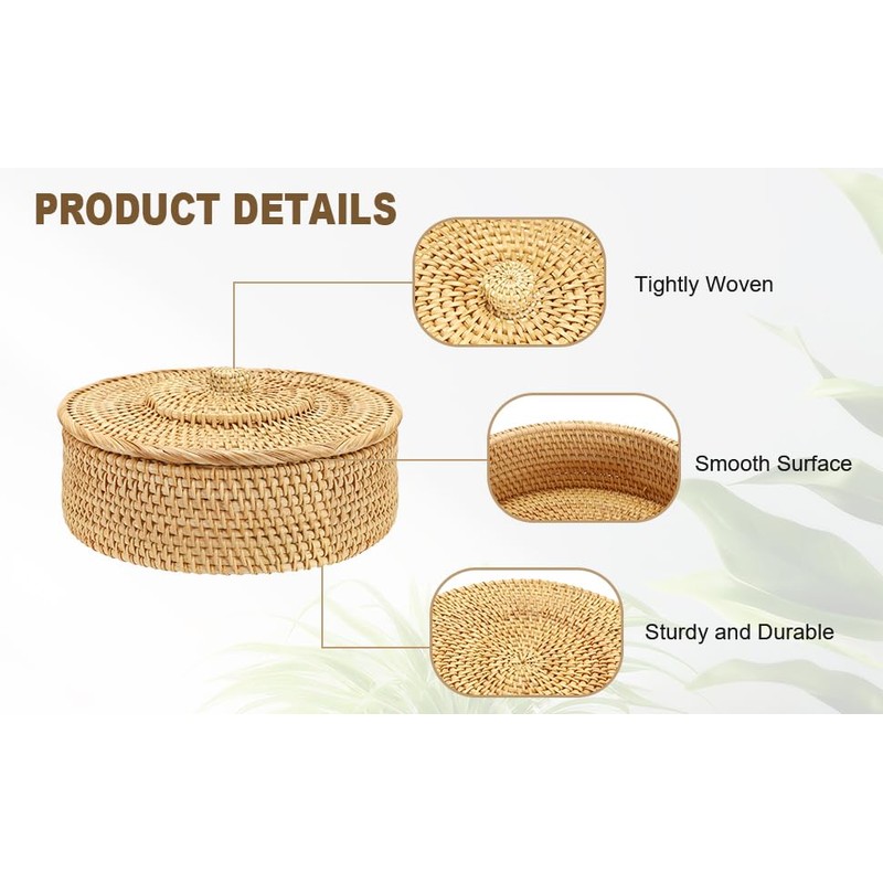 IGNPION Rattan Storage Basket with lid Table Decorative Wicker Storage
