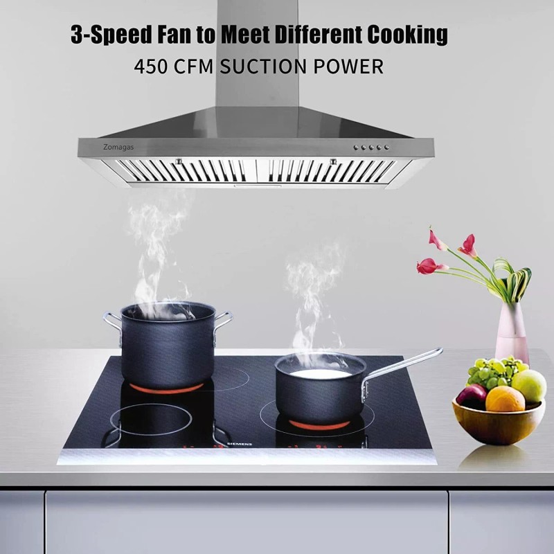 Zomagas 24" Kitchen Wall Mount Range Hood 450CFM Stainless Steel