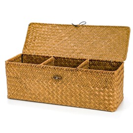 Elsjoy Seagrass Tank Basket with Lid, 3-Compartment Woven Wicker Shelf Storage Basket, Large Rectangular Rattan Organizer Basket for Tampon, Toiletry