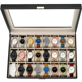 weyleity 24 Slots Watch Box with Glass Lid | PU Leather Watch Display Case Organizer with Removable Pillows, Lockable Watch Storage Case for Men and Women Jewelry Collection