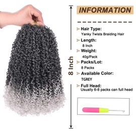 8 Inch Yanky Twist Crochet Hair 8 Packs Ombre Grey Bouncy Passion Twist Braids for Women Pre-Twisted Synthetic Hair Extensions