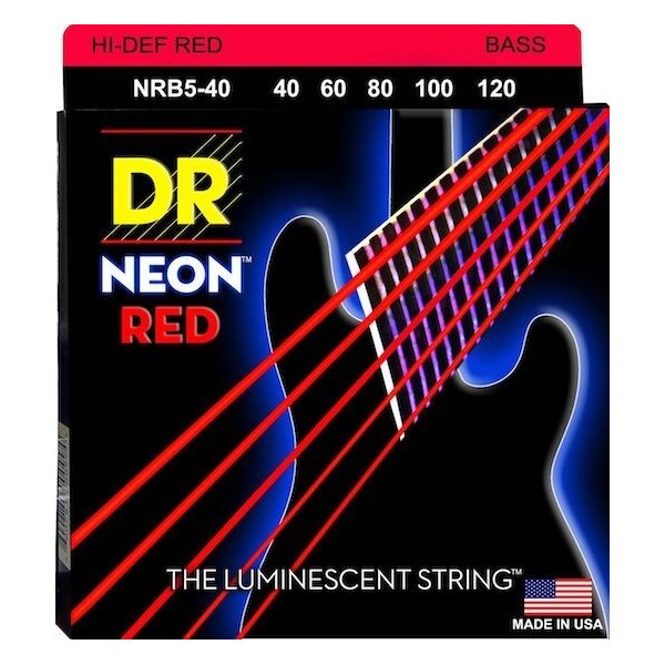 DR NRB5-40 Neon Red Bass Guitar Strings; 5-String set gauges