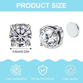 3 Pairs 6 mm Stainless Steel Magnetic Earrings Men Women Girls CZ Crystal Rhinestone Round Magnetic Stud Earrings Clips Tunnel Ear Clips Without Ear Hole Non Piercing Earrings Set Zirconia Black