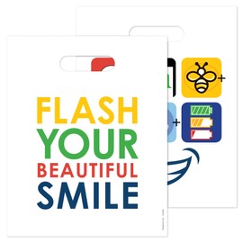 Practicon Flash Your Beautiful Smile 8" x 10" Dental Giveaway Bag, Dental Hygiene Patient Care Goodie Bag, Dentist Office Plastic Gift Bags, 100 Pack