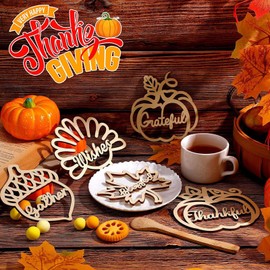 24 Pcs Thanksgiving Wooden Cutout Pumpkin Maple Leaf Pinecone Turkey Plate Decor with Ropes Tree Crafts Dining Table Harvest Decorations Supplies