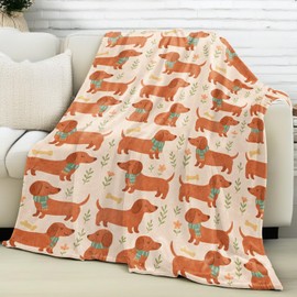 vnlvnl Cute Dachshund Dog Blanket Lightweight Flannel Blankets Gifts for Pet Lovers with Cartoon Puppy and Floral Printed Throw for Couch Chair Office Bedroom Fall Winter Decor, 60x50inch