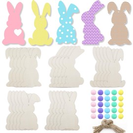 25 PCS Easter Unfinished Wood Bunny Cutout for DIY Craft,Rabbit Blank Wooden Sheet with 25 Colorful Felt Pompom Balls and Hanging Rope for Painting Easter Spring Tree Decorations Hanging Ornaments