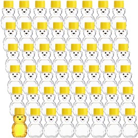 48 Pcs 2 oz Plastic Honey Bear Bottle Bear Shape Clear Honey Containers Bulk Empty Honey Bear Cup Reusable Mini Honey Bear Jars with Lids Cap Bear Juice Bottle for Holidays Baby Shower Gifts (Yellow)