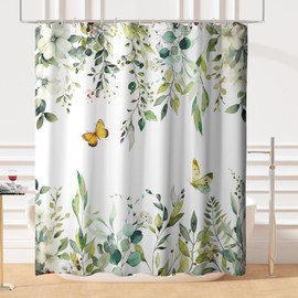Cneztholim Eucalyptus Leaves Sage Green Shower Curtain Spring Floral Botanical Leaf Bathroom Curtains Summer Butterfly Fabric Shower Curtains for Bathroom Decor with 12 Hooks 72 x72