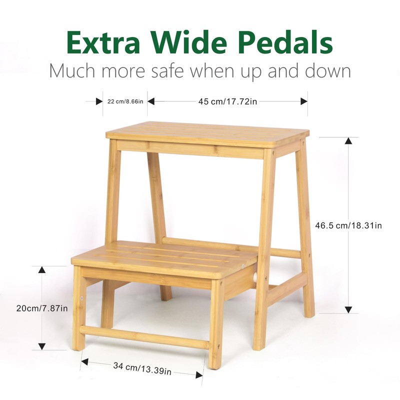 Bamboo Folding Climbing Step Stool, 2 Step Ladder Multi-Functional Stair