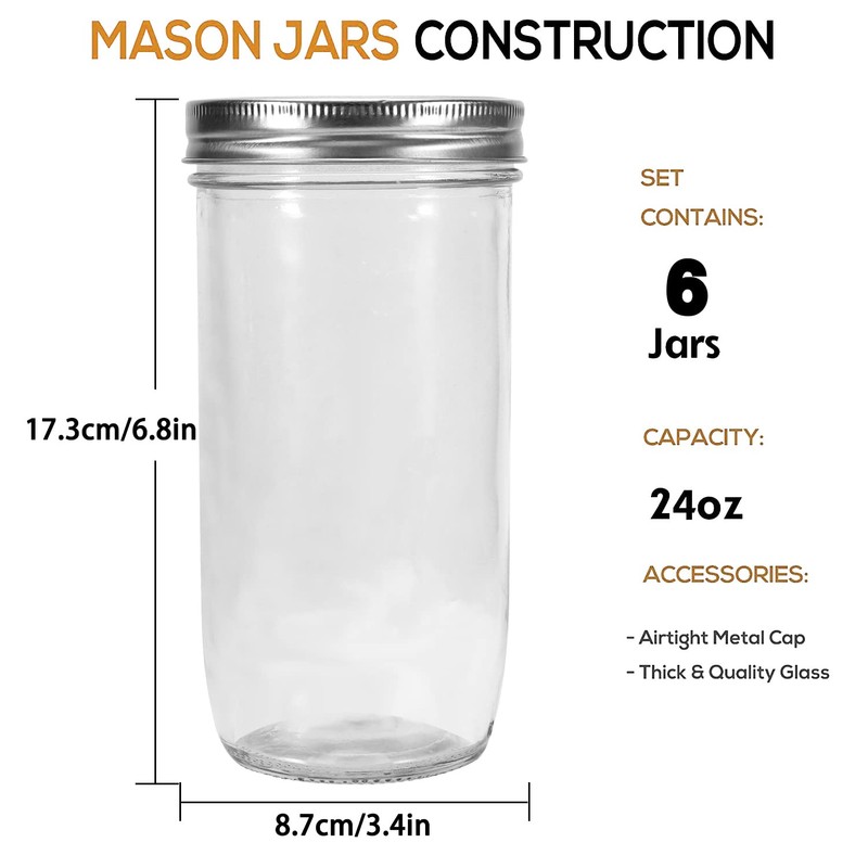 Ieavier Mason Jars Wide Mouth 24oz, 6 pack Glass Pickle