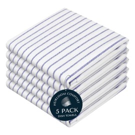 HEIRLOOM COMFORT Indigo Blue Stripe Kitchen Towels, 5 Pack, 100% Cotton, Super Absorbent and Quick Dry, Classic Striped Towel Set, Durable Dish Cloths for Kitchen Use, Cleaning & Drying Dishes
