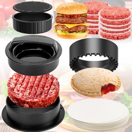 Burger Press, Hamburger Press, 4-in-1 Burger Patty Maker Slider, Filled Burger Sandwich Cutter, with 100 Sheets of Burger Paper, Perfect Burger Grill Accessories