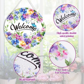 1 Pc Summer Floral Welcome Door Sign, Pansy Flower Butterfly Door Hanging Sign, Spring Summer Holiday Farmhouse Home Porch Window Decor, 11 x 11 inches