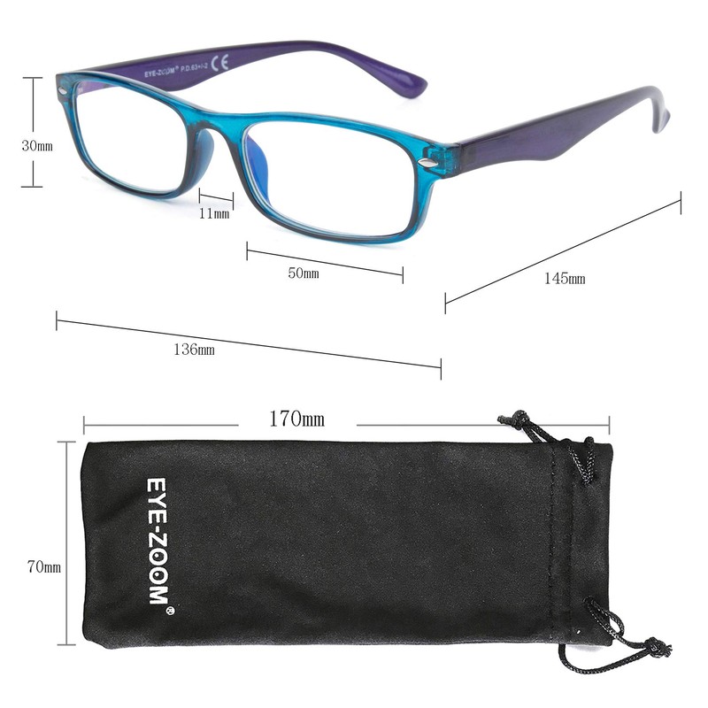 EYE ZOOM 3 Pack Rectangular Plastic Frame Blue Light Blocking