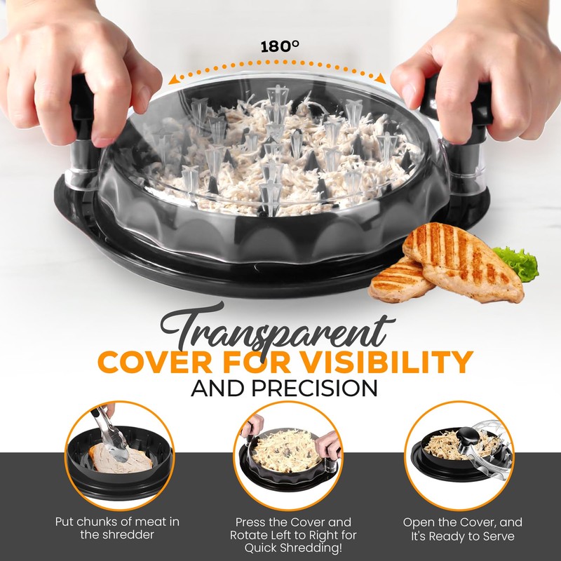 Large Chicken Shredder with Transparent Lid, Brush & Tongs -