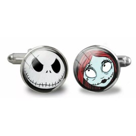 Unbranded Nightmare Before Christmas Jack & Sally Glass Dome Silver Cabochon Cufflinks
