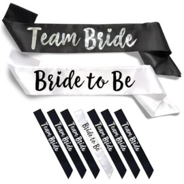 Team Bride 7pc Satin Sash Set - Sophisticated & Fun Party Favors for Bachelorette Party, Bridal Shower & Wedding Party (7pc Set, White & Black), Black & White, One Size