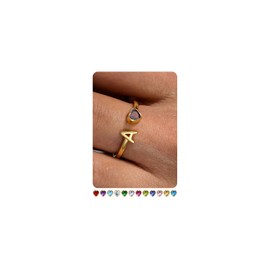 FIBO STEEL Initial Birthstone Rings for Women - 14K Gold Plated Sterling Silver Rings - Adjustable Stackable Dainty Gold Heart Cubic Zirconia Letter Ring Birthday Bridesmaid Gifts Jewelry A February