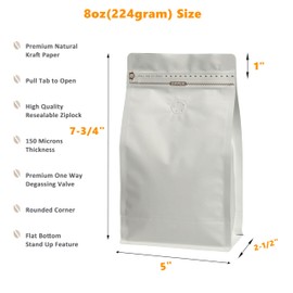 White Kraft Coffee Bags with Side Gusset, Resealable Stand-Up Coffee Pouches with Side Zipper, Degassing Valve for Coffee (Size: 5 x 7.75", 8oz/0.5lb, Pack of 100)