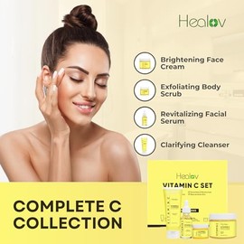Healov- Kit de cuidado de la piel con vitamina C limpiador facial hidratante, exfoliante corporal, crema facial y antienvejecimiento                  