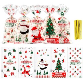 200 Pcs Plastic Candy Cookie Bags, 5 x 10 Inch with Twist Ties for Goodies, Christmas Holiday Xmas Party Favor Bags Supplies Present Gift Wrapper