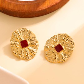 DIAMANTIO 18K Gold Plated Vintage Textured Stud Earrings for Women – Retro Hammered Disc with Red Center Stone – Statement Chunky Earrings – Classic Bold Jewelry Gift