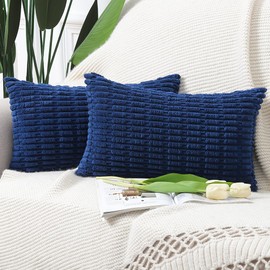 Madizz Pack of 2 Boho Striped Corduroy Throw Pillow Covers 12x20 inch, 30x50 cm, Dark Blue Soft Decorative Cushion Cover for Sofa Bedroom Pillow Shell