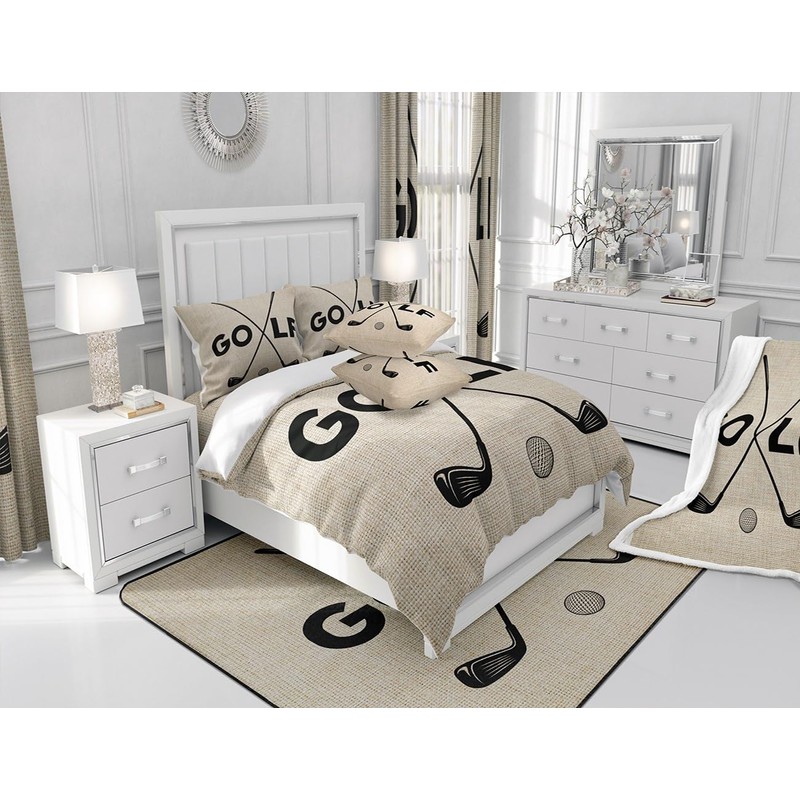 Golf Sports Bedding Set Queen Size Black Sketch Golf Ball