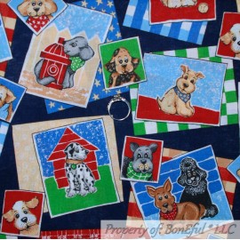 Signature BonEful Fabric FQ Cotton Quilt Navy Blue Red White American Puppy Dog House SALE