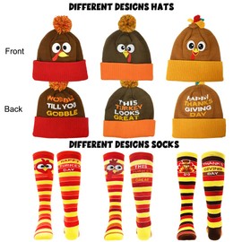 LUKBERA 6 Pcs Thanksgiving Turkey Trot Costume Set - 3 Pcs Turkey Hat & Running Socks, Autumn Fall Beanie Hats & Mid-Calf Socks for Women & Men