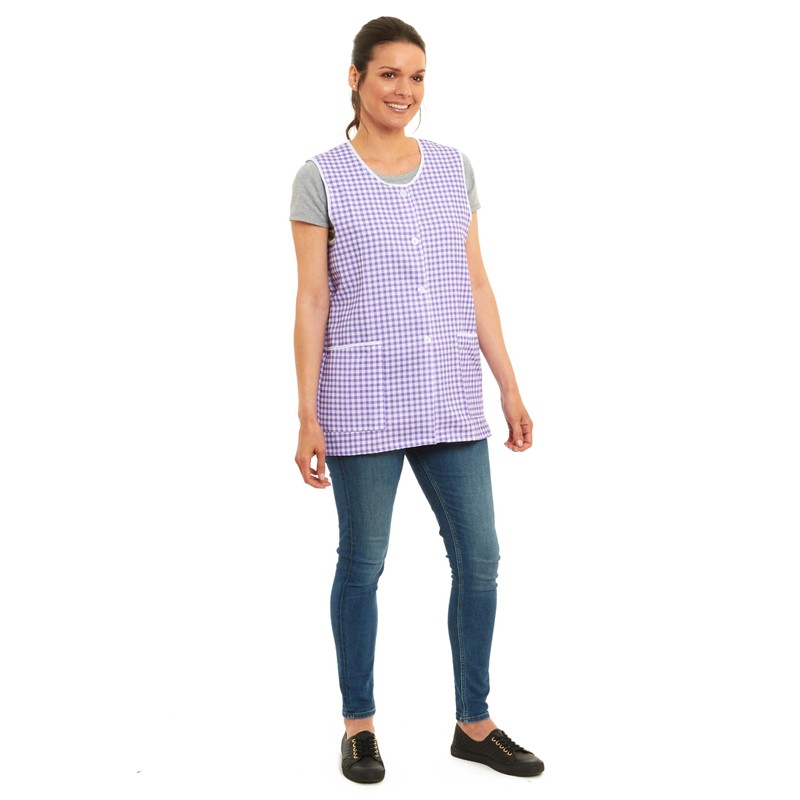 Ladies Gingham Buttons Through Design Piping Tabard Apron Overalls Front