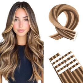 Benehair Invisible Tape in Injected Hair Extensions Real Human Weft Remy Natural Real Hair Extension Straight 10 Pcs Medium Brown Mix Dark Blonde 14 Inches (20g)