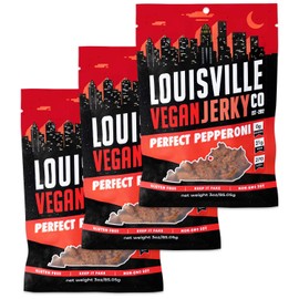 Louisville Vegan Jerky - Perfect Pepperoni, Vegetarian and Vegan Friendly Jerky, 13 Grams of Non-GMO Soy Protein, Gluten-Free Ingredients (Pack of 3, 3 Ounces)
