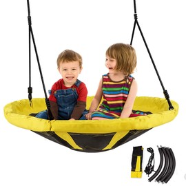 Costzon 40'' Saucer Tree Swing, Round Flying Nest Tree Swing with Oxford Cloth Platform, Indoors Outdoors Nest Swing with Adjustable Hanging Ropes for Playroom, Backyard, Playground (Yellow)