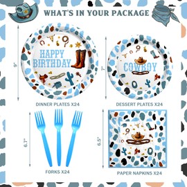 Hombae Cowboy Party Supplies Tableware Set, Cowboy Party Decorations, Western Rodeo Wild West Birthday Party Decorations, Cowboy Theme Plates, Napkins, Forks, Serves 24 Guests