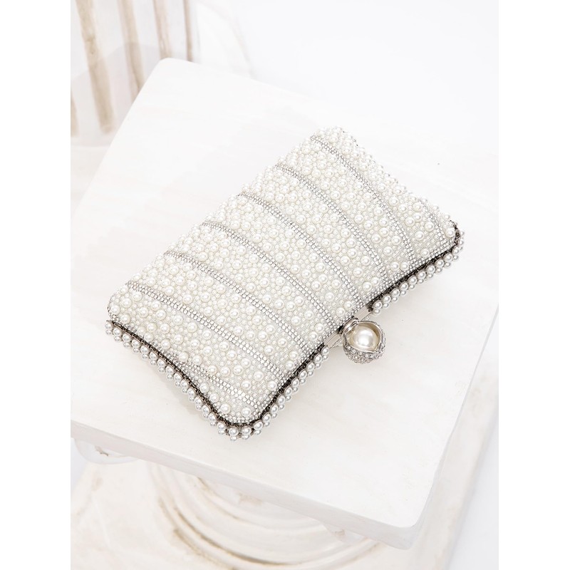 Zweig & Ewigkeit Elegant Silver Pearl Rhinestone Clutch Bag, White