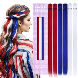 IDN BEAUTY Colored Clip in Hair Extension, 12PCS Red Blue White 24Inch Multicolored Deep Purple Mix Synthetic Hair Pieces for Women Kids Girls, Hair Accessories for Party Cosplay Travel Birthday