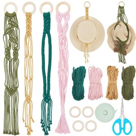 FREEBLOSS 4 Set Macrame Hat Hook Kit DIY Boho Hat Organizer Macrame Hat Holders Macrame Starter Kit with Instructions for Beginners Macrame Ornament for Bedroom Living Room Decor