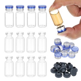 PATIKIL 12pcs 3ml Clear Borosilicate Glass Sample Vials with Aluminum Plastic Cap and Rubber Stopper for Lab Solid Liquid Powder Storage, Blue Silver Tone