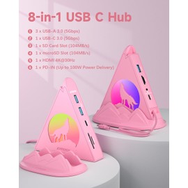 JoyReken Wolf USB-C Hub, 8-in-1 USBC Hub with 4K@30Hz HDMI, 100W PD Charging, 5Gbps USB-C & 3 USB-A Data Ports, SD/microSD Card Slots, with Base-Stand Pink