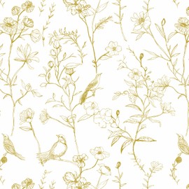 Toduso Peel and Stick Wallpaper Floral Removable Wallpaper White and Gold Wallpaper Vintage Self Adhesive Decorative Contact Paper Bird Boho Wallpaper Leaf Covering Vinyl Roll 17.3" x78.7"