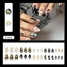Stereoscopic Dark Totem Press on Nails Almond Fake Nails, LPOODDNU Black Gold Press on Nails Medium Length False Nail Tips with Star Designs Full Cover Glue on Nails for Women Nail Art Decorations